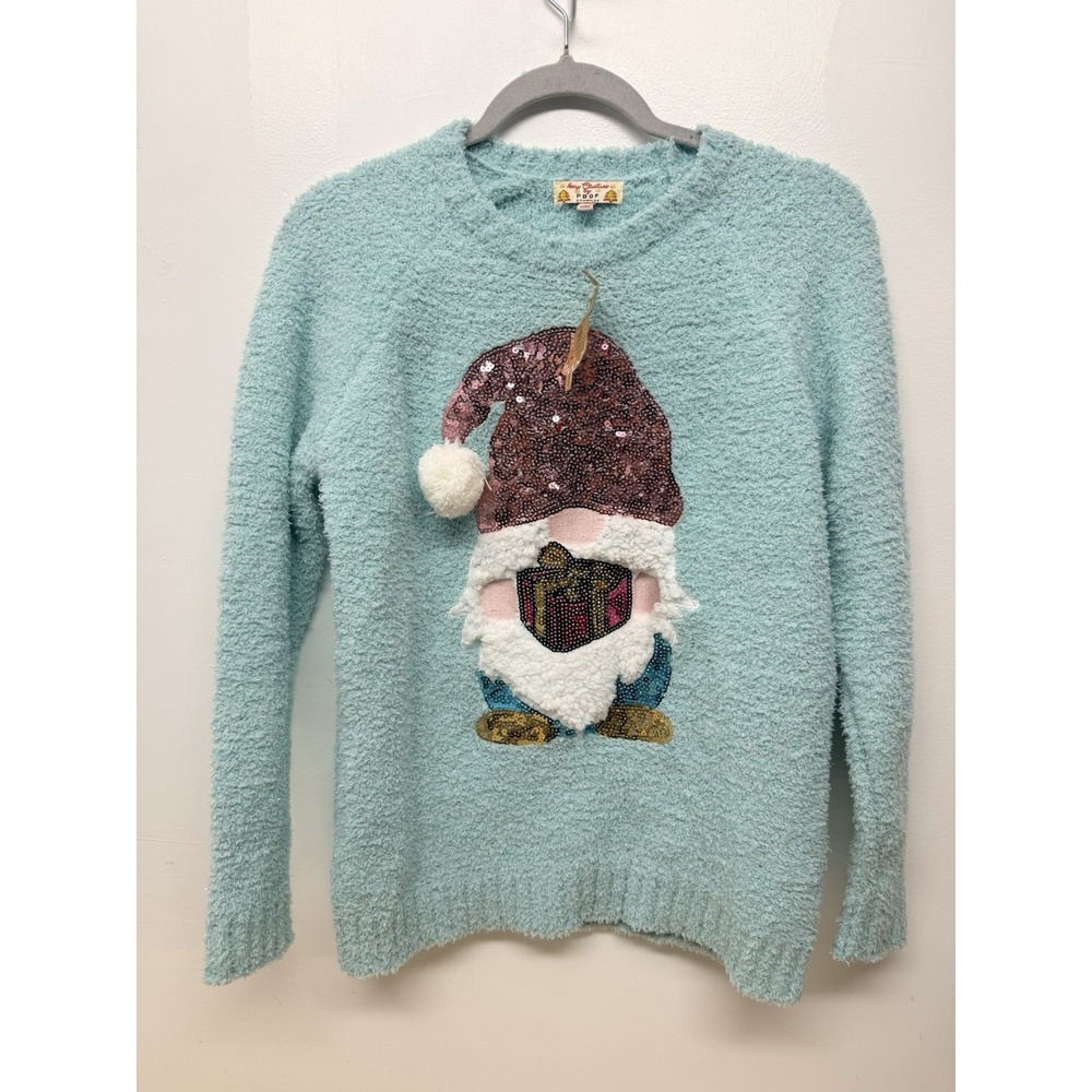 Gnome Christmas Sequin Mint Green Sweater Crewneck by Poof New York Small #32